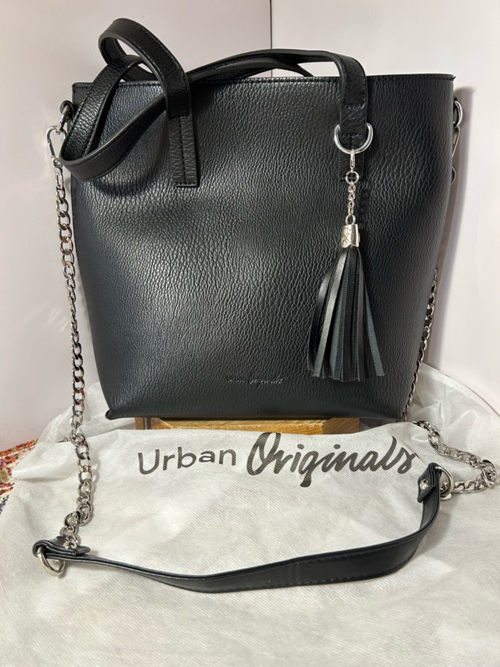 Urban Originals Black Pebbled Leather Tote with Chain Strap and Tassel